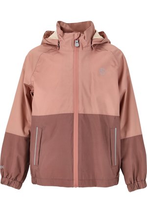 Pink og brun vandtæt jakke med hætte. Funktionen inkluderer elastiske manchetter, lynlåslommer og et logo på øverste venstre del.