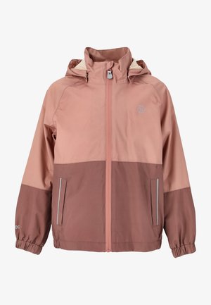 Pink og brun vandtæt jakke med hætte. Funktionen inkluderer elastiske manchetter, lynlåslommer og et logo på øverste venstre del.