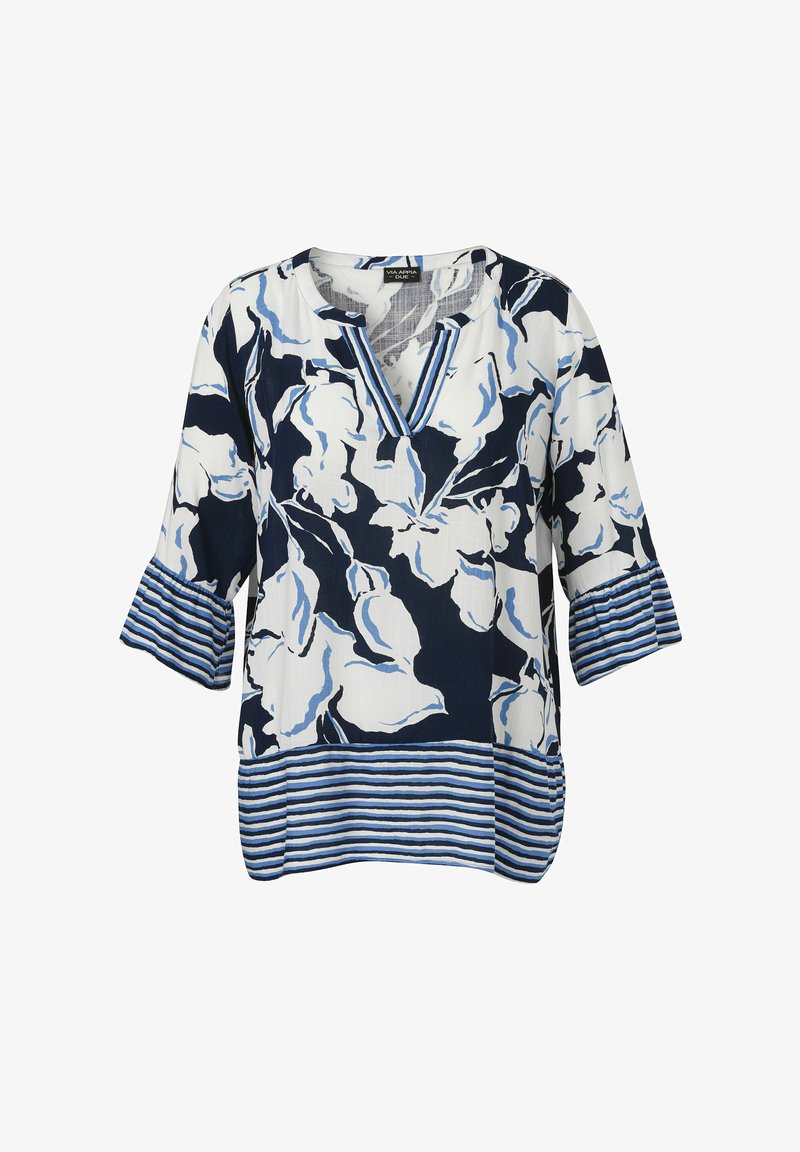 Tunique florale avec des motifs bleu marine et bleu clair, décolleté en V, manches trois-quarts et ourlet inférieur rayé. Fabriquée en tissu léger.