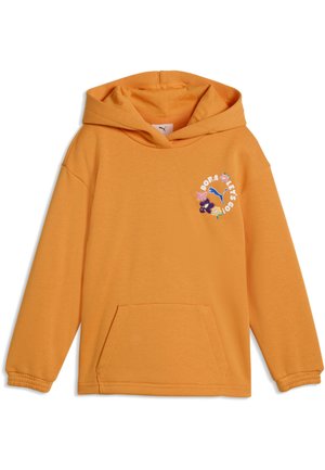 Oranssi huppari, jossa etutasku ja pieni kukkakuosi teksti "Dora Let's Go!" ja Puma-logo vasemmassa rinnassa.