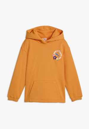 Orange hættetrøje med frontlomme og lille blomsterdesign med teksten "Dora Let's Go!" og Puma-logo på venstre bryst.