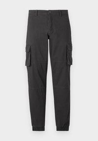 Zwarte cargobroek met elastische boorden, meerdere zijzakken en decoratieve stiksels. Gemaakt van stevige stof met een gladde textuur.