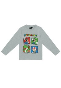 Long-sleeve gray T-shirt featuring Super Mario characters: Mario, Luigi, Yoshi, and Toad. Graphic design in bright colors with cartoon style.