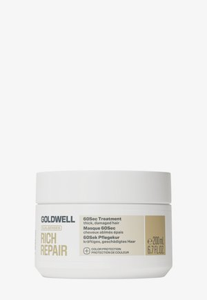 Goldwell Rich Repair Dualsenses 60-seconden haarbehandeling voor dik, beschadigd haar, 200 ml witte verpakking met beige etiket.