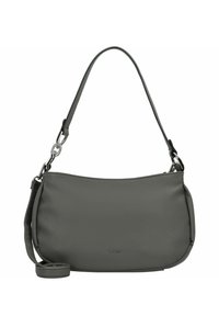 Sac à main en cuir gris avec une texture lisse, présentant un design épuré, une bandoulière réglable et des accents en métal argenté. Logo de la marque visible.