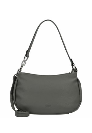 Sac à main en cuir gris avec une texture lisse, présentant un design épuré, une bandoulière réglable et des accents en métal argenté. Logo de la marque visible.