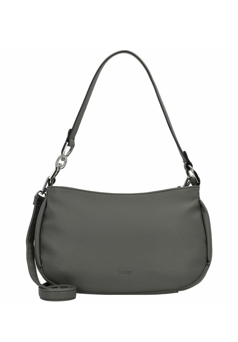 Sac à main en cuir gris avec une texture lisse, présentant un design épuré, une bandoulière réglable et des accents en métal argenté. Logo de la marque visible.