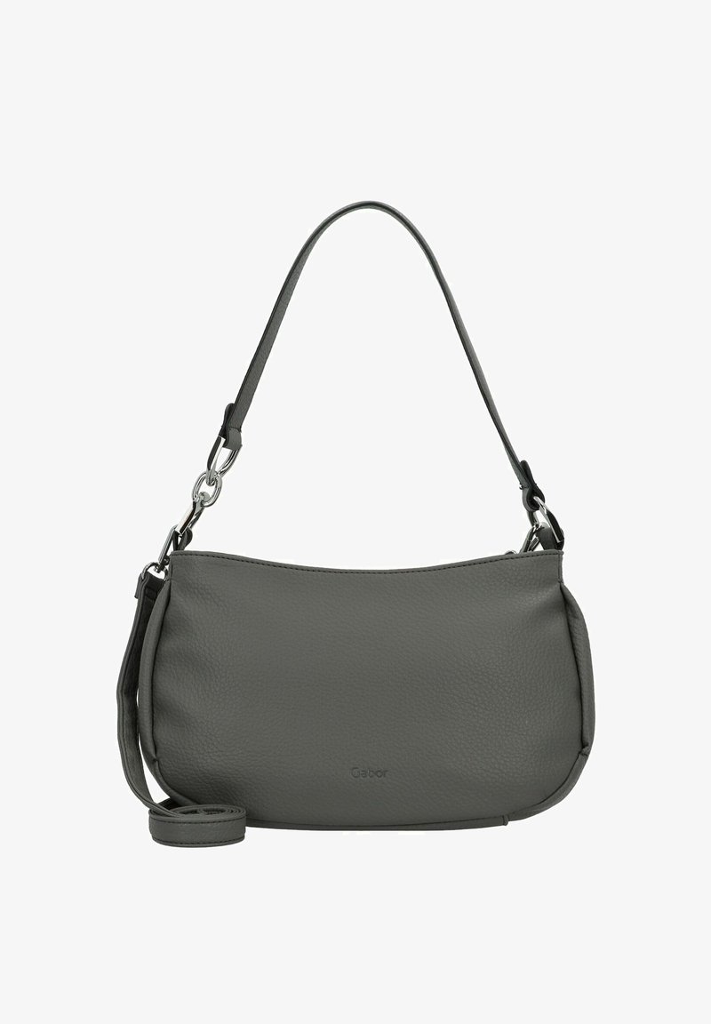 Sac à main en cuir gris avec une texture lisse, présentant un design épuré, une bandoulière réglable et des accents en métal argenté. Logo de la marque visible.