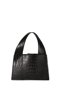 Borsa nera con embossing coccodrillo, dalla forma strutturata, con una maniglia larga e liscia e un design minimalista. Dettaglio della superficie testurizzata.