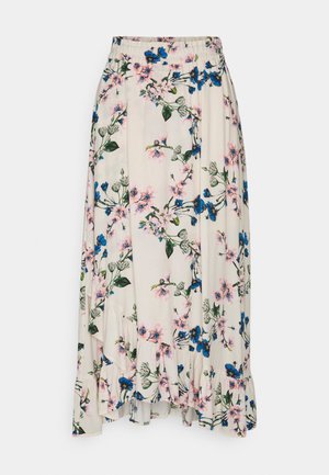 Jupe midi crème avec imprimé floral rose et bleu, taille élastique, poches latérales et ourlet à volants.