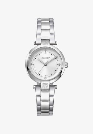 Silberne DKNY Armbanduhr mit rundem Ziffernblatt, minimalistischem Ziffernblatt, silbernen Zeigern und Kristallakzenten an einem Armband aus Edelstahl.