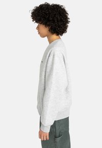 Sudadera de algodón gris con cuello redondo y puños de canalé. Presenta un sutil logo en la parte delantera. Combinada con pantalones verde oliva.