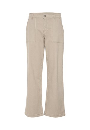 Beige corduroy wijde broek met verticale strepen, voorzien van twee voorkanten zakken en een enkele knoopsluiting. Zachtheid van de stof en een ontspannen pasvorm.
