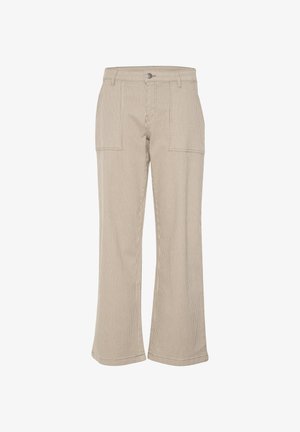 Bež hlače s širokimi nogavicami iz kordura z navpičnimi črtami, z dvema sprednjima žepoma in enim gumbom za zapiranje. Mehka tekstura in sproščen kroj.