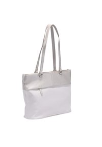 Sac fourre-tout élégant avec une partie supérieure argent métallique et un fond blanc, doté de deux poignées et d'une fermeture éclair sécurisée.
