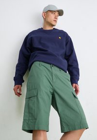 Navy sweatshirt with logo, green cargo shorts with side pockets, relaxed fit, lightweight cotton fabric, and straight hem.