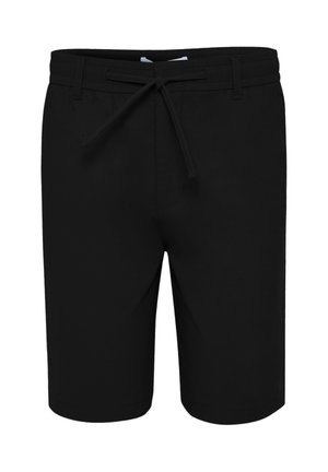 Pantalones cortos negros hasta la rodilla con trabillas para cinturón y cordón atado en la cintura elástica, vista frontal sobre fondo blanco.