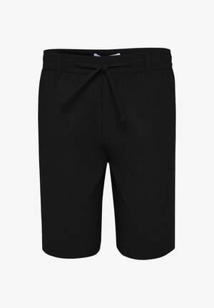 Shorts neri fino al ginocchio con passanti per cintura e coulisse annodata in vita elastica, vista frontale su sfondo bianco.