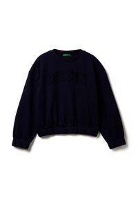 Námořnická modrá zkrácená mikina s texturovaným nápisem "BOSTON", žebrovaným výstřihem a elastickými manžetami a spodním lemem. Měkký, fleecový materiál.