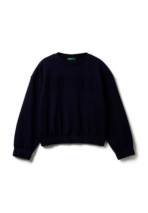 Felpa cropped blu navy con lettering testurizzato "BOSTON", colletto a girocoda a coste e polsi ed orlo elasticizzati. Materiale morbido simile a felpa.