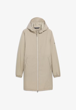 Beige vedenkestävä takki hupulla, edessä vetoketjusuljenta, joustavat hihansuut ja kaksi sivutaskua. Sujuva tekstuuri ja minimalistinen muotoilu.