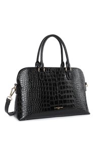 Sac à main en cuir embossé crocodile noir, avec double poignées, une bandoulière amovible et des accents en métal doré. Design structuré lisse.