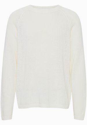 Valkoinen neulepaita, jossa on pyöreä kaula-aukko, pitkät raglan-hihat, resorit hihansuissa ja hieman löysä mitoitus. Tekstuurin vaikuttaa pehmeältä ja kevyeltä.