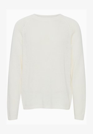 Valkoinen neulepaita, jossa on pyöreä kaula-aukko, pitkät raglan-hihat, resorit hihansuissa ja hieman löysä mitoitus. Tekstuurin vaikuttaa pehmeältä ja kevyeltä.