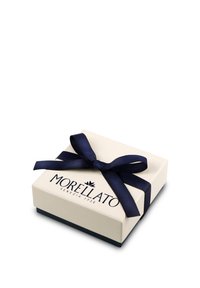 Scatola regalo bianca con un nastro blu navy, con il logo "Morellato Venezia 1930" in nero, forma rettangolare e superficie liscia.