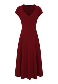 Burgundy A-line dress with short sleeves, V-neck, flowing fabric, knee-length hem, and a smooth texture. No visible patterns or hardware.