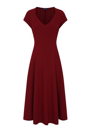 Burgunderfarbenes A-Linien-Kleid mit kurzen Ärmeln, V-Ausschnitt, fließendem Stoff, knieumspielendem Saum und glatter Textur. Keine sichtbaren Muster oder Beschläge.