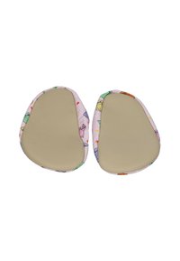 Cat-themed slip-on shoe insoles with a soft beige base and colorful cartoon cat patterns on a pink fabric edge.