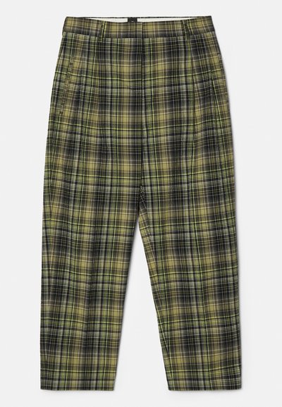 Zielono-czarne spodnie w kratę z teksturowanej tkaniny, z plisami z przodu, prostym krojem i pasem dla lepszego dopasowania.