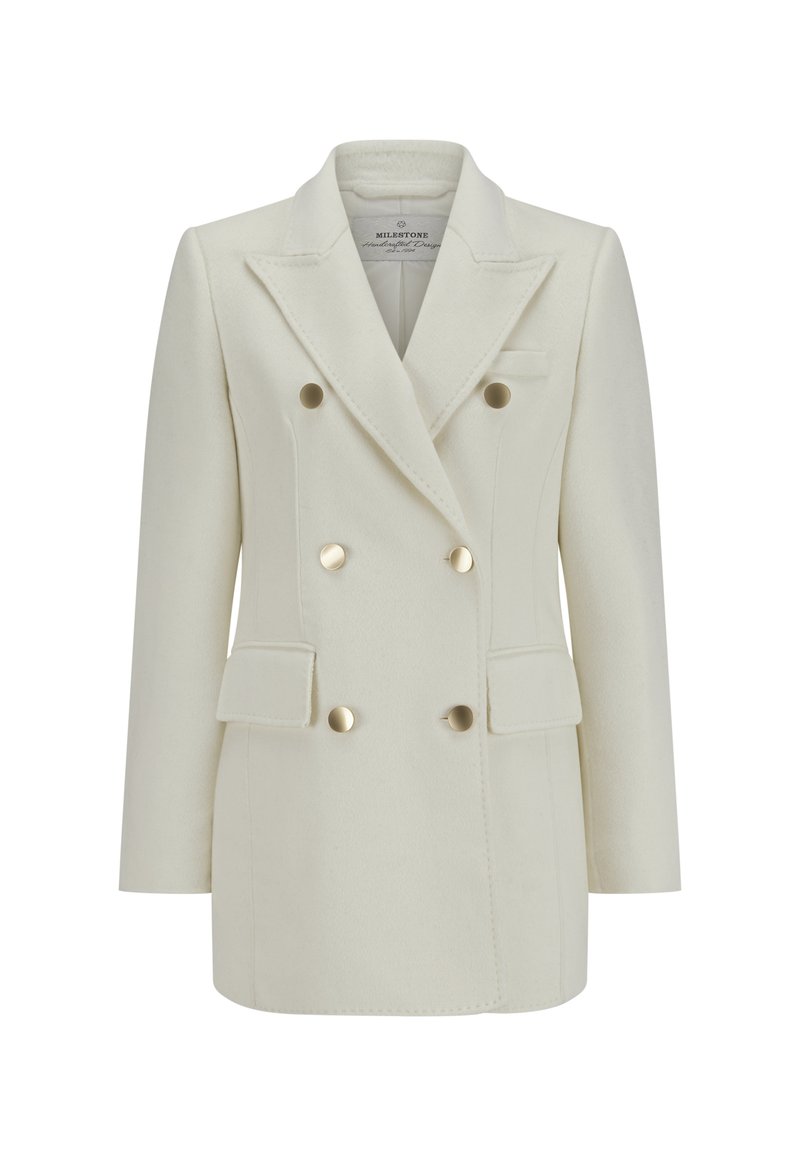 Doppelreiher Weiß Blazer, maßgeschneiderter Schnitt, Wollmischgewebe, Notch-Revers, goldfarbene Knöpfe, zwei Fronttaschen, eine Brusttasche.