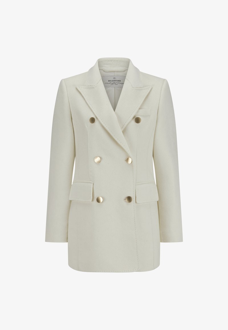 Doppelreiher Weiß Blazer, maßgeschneiderter Schnitt, Wollmischgewebe, Notch-Revers, goldfarbene Knöpfe, zwei Fronttaschen, eine Brusttasche.