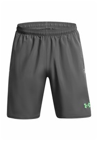 Šedé sportovní šortky s elastickým pasem, bočními kapsami a zeleným logem poblíž lemování. Hladký materiál a délka nad kolena.
