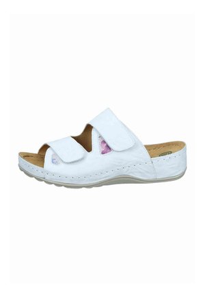 White open-toe sandal with two adjustable Velcro straps, cushioned tan insole, and a low, contoured grey sole.