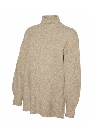 Jersey de cuello alto beige con un ajuste holgado, puños acanalados y una tela suave y texturizada. Presenta un dobladillo ligeramente asimétrico.