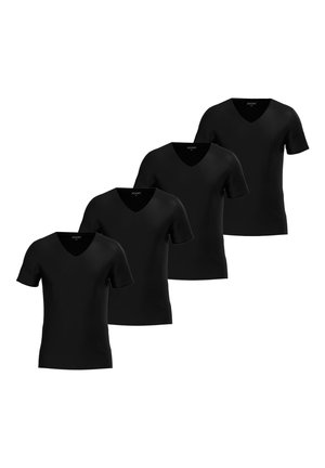 Čtyři černá trička s krátkým rukávem a výstřihem do V, uspořádaná diagonálně, jednoduchý design, uvnitř límce je nápis "JOOP!".