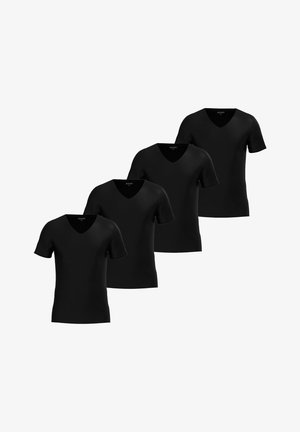 Čtyři černá trička s krátkým rukávem a výstřihem do V, uspořádaná diagonálně, jednoduchý design, uvnitř límce je nápis "JOOP!".