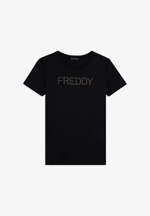 T-shirt nera a maniche corte realizzata in morbido tessuto, con la parola "FREDDY" in borchie metallizzate sul petto. Collo rotondo, vestibilità classica.