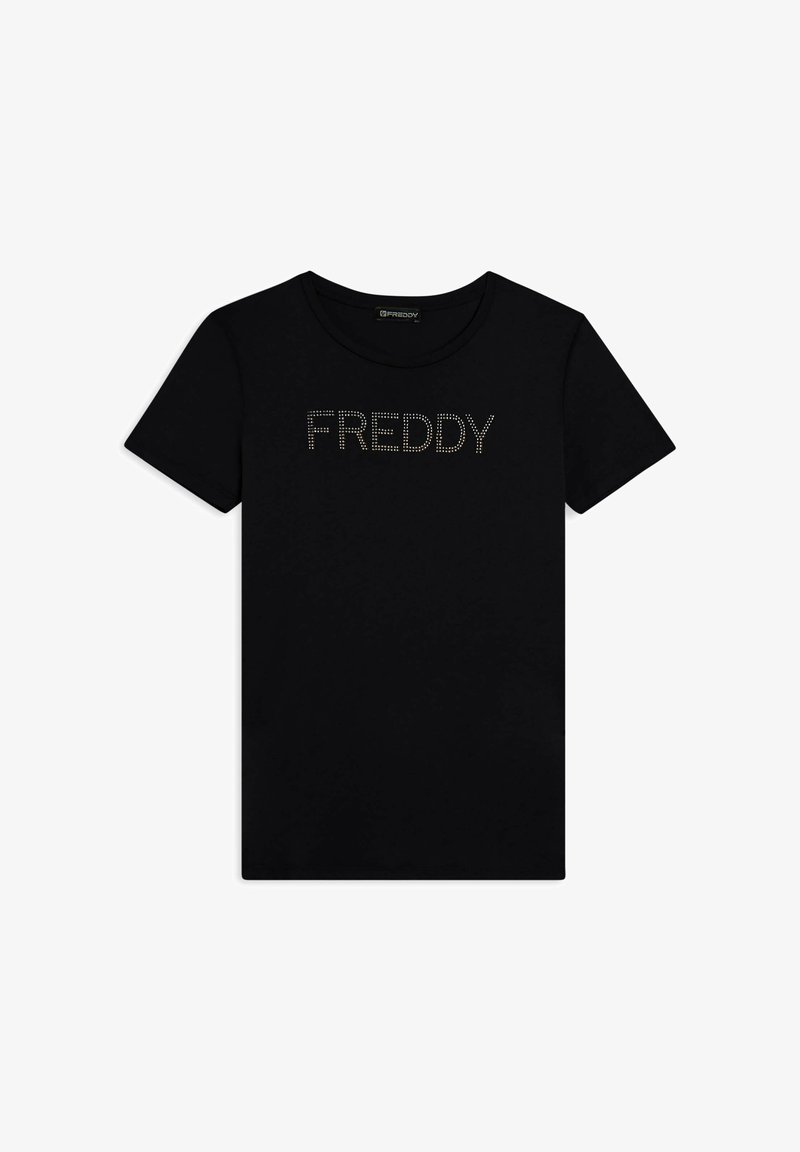 T-shirt noir à manches courtes en tissu doux, avec le mot "FREDDY" en clous métalliques sur la poitrine. Encolure ronde, coupe classique.