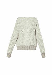 Maglione grigio chiaro a maglia con motivo a treccia sul retro, vestibilità ampia, maniche larghe e orlo a coste di un grigio leggermente più scuro.