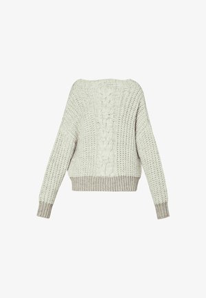 Maglione grigio chiaro a maglia con motivo a treccia sul retro, vestibilità ampia, maniche larghe e orlo a coste di un grigio leggermente più scuro.