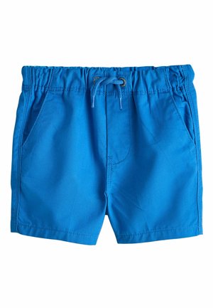 Modré elastické šortky s prednými vreckami a uviazaným šnúrkou v strede, vyrobené z ľahkej látky.