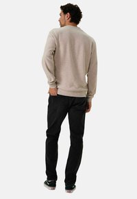 Sweatshirt gris clair à manches longues ; poignets et ourlet côtelés. Porté avec un jean noir et des baskets vertes, vu de dos.