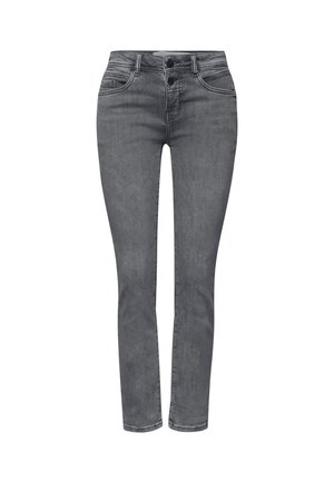 Harmaat farkkukapeat farkut, joissa on klassinen viiden taskun muotoilu, nappi- ja vetoketjusuljin sekä kevyt haalistuma tekstuurin vaihteluksi.