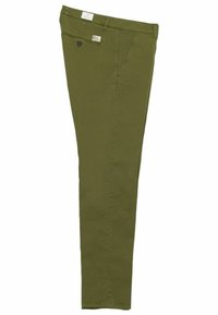 Pantaloni slim-fit verde oliva con chiusura a bottone, cinque tasche e etichetta sull'anca destra. Realizzati in un tessuto liscio e resistente.