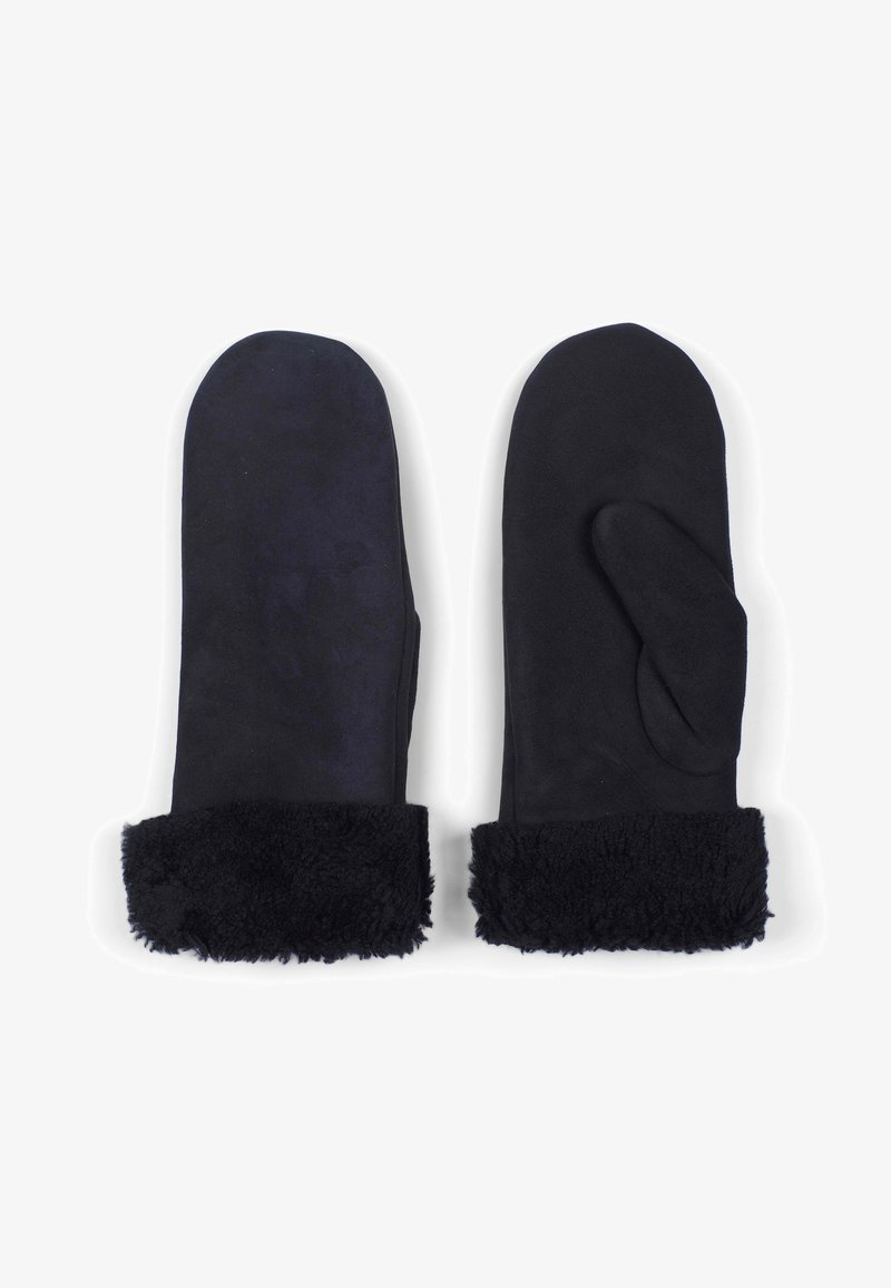 Schwarze Wildlederhandschuhe mit einem fluffigen schwarzen Pelzsaum. Glatte Textur, runde Form und ein einzelnes Daumenfach für die Handplatzierung.