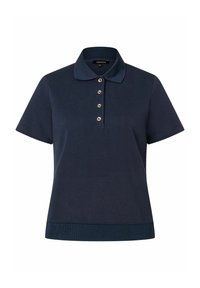 Navy-Polohemd mit kurzen Ärmeln, weichem Textil, klassischem Kragen und vier dekorativen Knöpfen auf der Vorderseite.